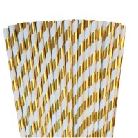 GLOSSY GOLD WHITE PAPER STRIPED STRAWS 25pcs